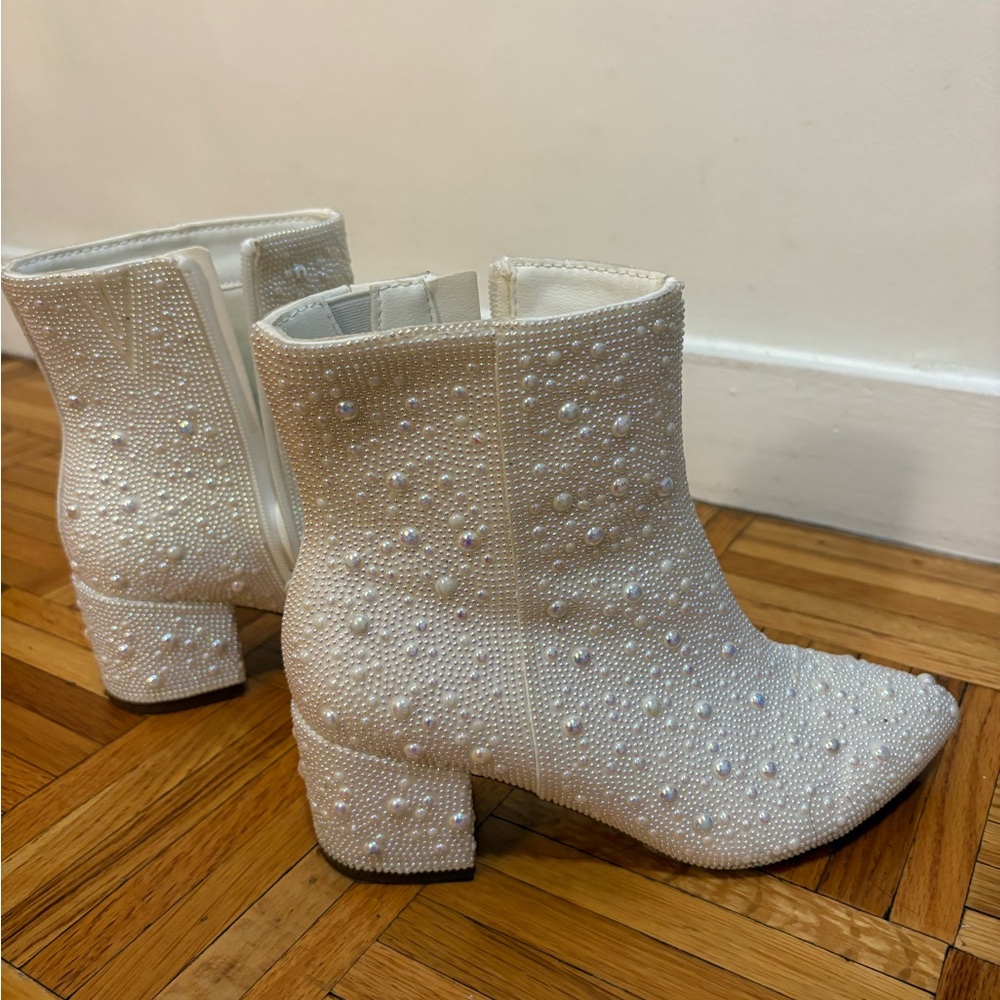 White YAYONE Rhinestone Zipper Sparkly Ankle Boots